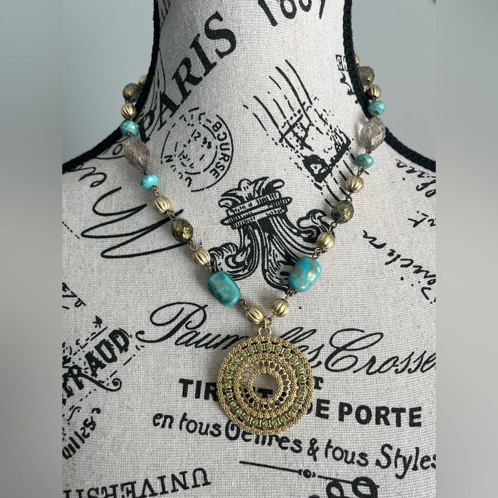 Lia Sophia Y2K Gold Turquoise Statement Necklace Boho Medallion Pendant Fairy
